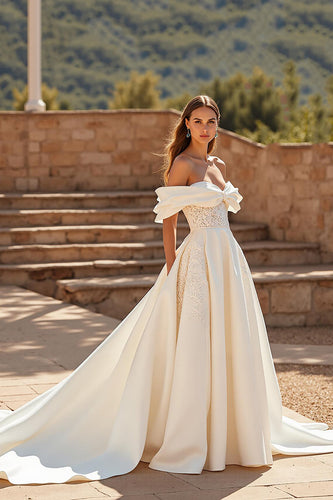 Satin Ivory Off the Shoulder Sweep Train Wedding Dress with Lace