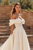 Load image into Gallery viewer, Satin Ivory Off the Shoulder Sweep Train Wedding Dress with Lace