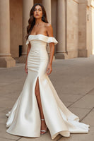 Load image into Gallery viewer, Ivory Satin Mermaid Off the Shoulder Sweep Train Wedding Dress with Slit