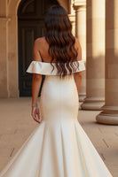 Load image into Gallery viewer, Ivory Satin Mermaid Off the Shoulder Sweep Train Wedding Dress with Slit