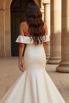Ivory Satin Mermaid Off the Shoulder Sweep Train Wedding Dress with Slit
