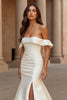Load image into Gallery viewer, Ivory Satin Mermaid Off the Shoulder Sweep Train Wedding Dress with Slit