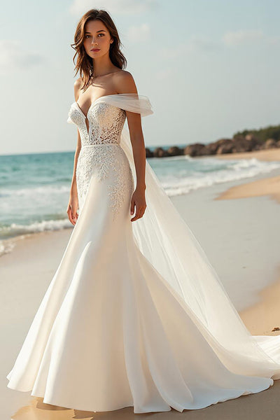 Mermaid Satin Ivory Watteau Train Wedding Dress with Lace