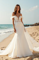 Load image into Gallery viewer, Mermaid Satin Ivory Watteau Train Wedding Dress with Lace