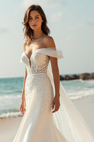 Load image into Gallery viewer, Mermaid Satin Ivory Watteau Train Wedding Dress with Lace