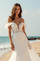Load image into Gallery viewer, Mermaid Satin Ivory Watteau Train Wedding Dress with Lace