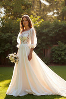 Load image into Gallery viewer, Ivory A Line 3/4 Sleeves Boho Sweep Train Wedding Dress with Lace