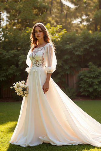 Ivory A Line 3/4 Sleeves Boho Sweep Train Wedding Dress with Lace