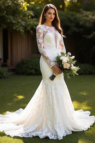 Ivory Long Sleeves Lace Mermaid Sweep Train Wedding Dress