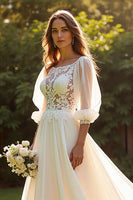 Load image into Gallery viewer, Ivory A Line 3/4 Sleeves Boho Sweep Train Wedding Dress with Lace