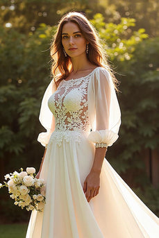 Ivory A Line 3/4 Sleeves Boho Sweep Train Wedding Dress with Lace