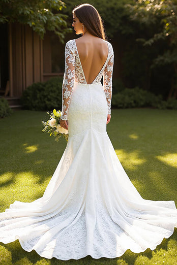Ivory Long Sleeves Lace Mermaid Sweep Train Wedding Dress