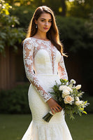 Load image into Gallery viewer, Ivory Long Sleeves Lace Mermaid Sweep Train Wedding Dress