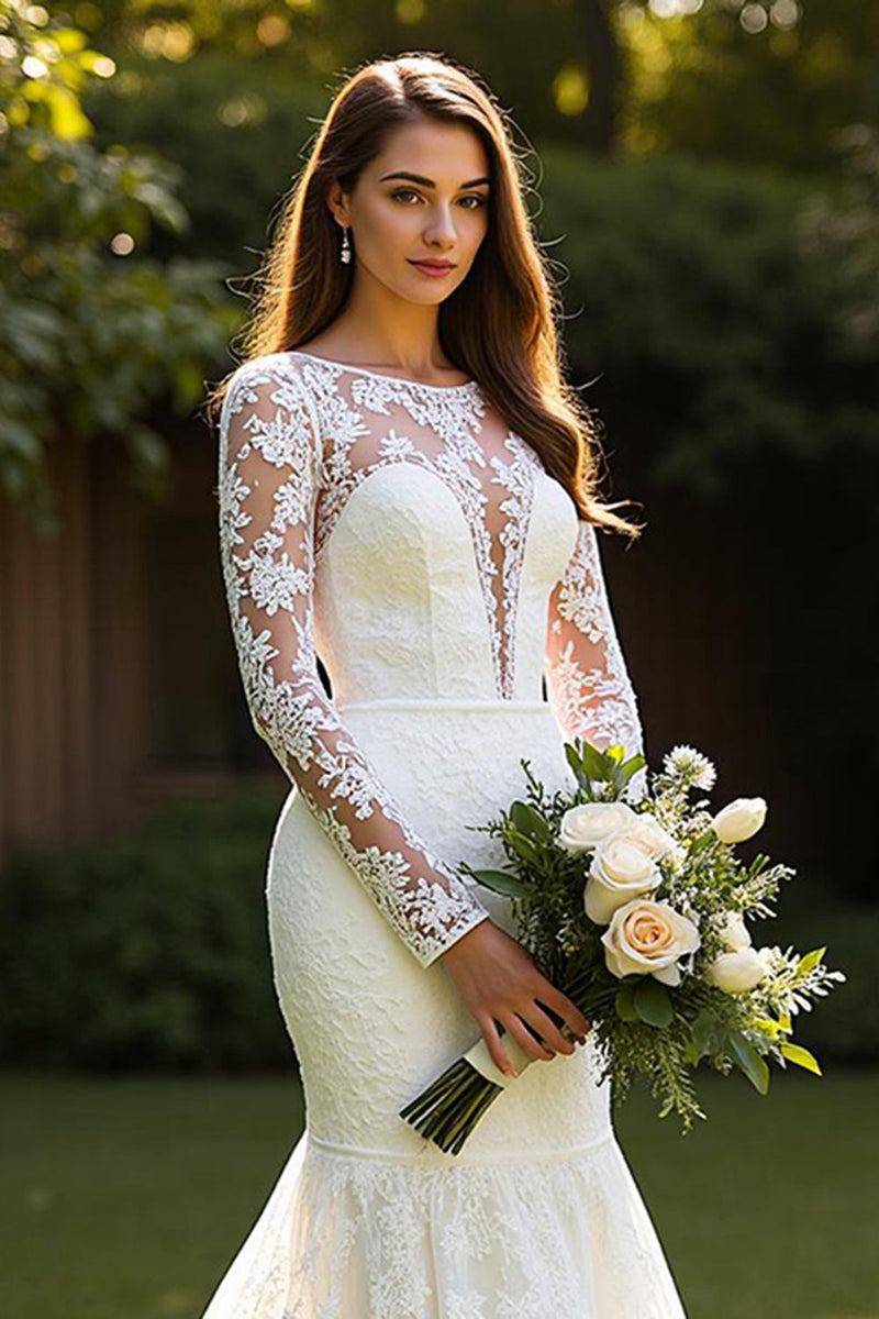 Load image into Gallery viewer, Ivory Long Sleeves Lace Mermaid Sweep Train Wedding Dress