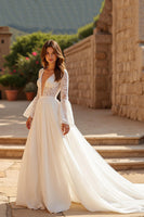 Load image into Gallery viewer, Chiffon Ivory Long Sleeves Sweep Train Boho Wedding Dress with Lace