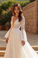 Load image into Gallery viewer, Chiffon Ivory Long Sleeves Sweep Train Boho Wedding Dress with Lace