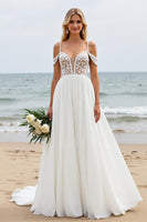 Load image into Gallery viewer, Ivory Cold Shoulder Chiffon Boho Sweep Train Wedding Dress with Lace