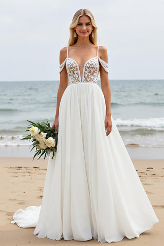 Ivory Cold Shoulder Chiffon Boho Sweep Train Wedding Dress with Lace