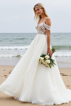Ivory Cold Shoulder Chiffon Boho Sweep Train Wedding Dress with Lace