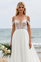 Load image into Gallery viewer, Ivory Cold Shoulder Chiffon Boho Sweep Train Wedding Dress with Lace