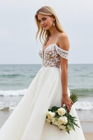 Load image into Gallery viewer, Ivory Cold Shoulder Chiffon Boho Sweep Train Wedding Dress with Lace