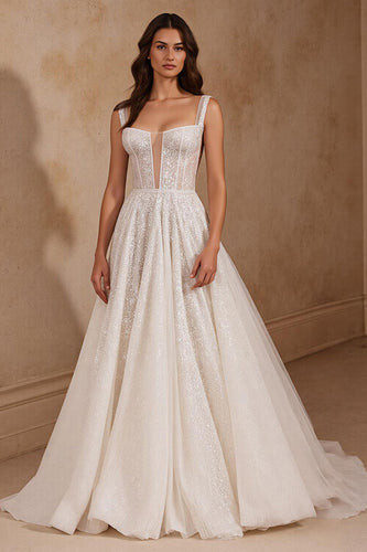 Glitter Ivory Square Neck Corset Sweep Train Wedding Dress