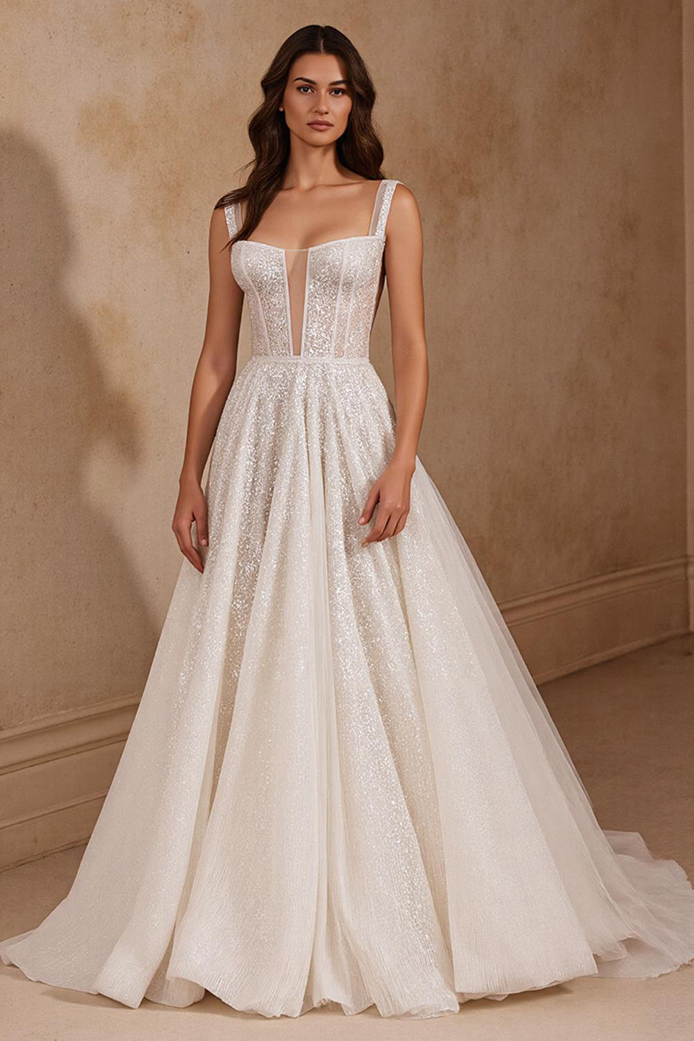 Glitter Ivory Square Neck Corset Sweep Train Wedding Dress