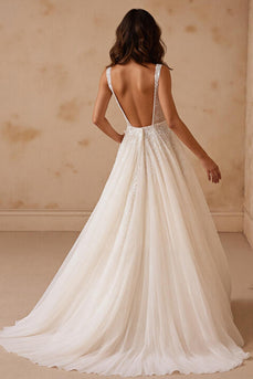 Glitter Ivory Square Neck Corset Sweep Train Wedding Dress