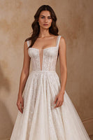 Load image into Gallery viewer, Glitter Ivory Square Neck Corset Sweep Train Wedding Dress