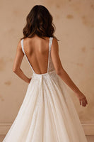 Load image into Gallery viewer, Glitter Ivory Square Neck Corset Sweep Train Wedding Dress