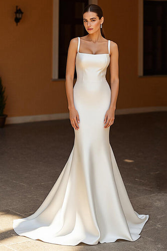 Simple Ivory Satin Square Neck Mermaid Sweep Train Wedding Dress