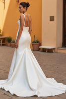 Load image into Gallery viewer, Simple Ivory Satin Square Neck Mermaid Sweep Train Wedding Dress