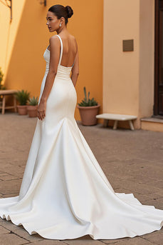 Simple Ivory Satin Square Neck Mermaid Sweep Train Wedding Dress