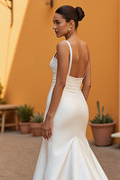 Load image into Gallery viewer, Simple Ivory Satin Square Neck Mermaid Sweep Train Wedding Dress