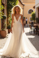 Load image into Gallery viewer, Ivory Mermaid Deep V-Neck Sweep Train Wedding Dress with Appliques