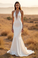 Load image into Gallery viewer, Ivory Halter Mermaid Sweep Train Wedding Dress with Lace