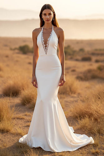 Ivory Halter Mermaid Sweep Train Wedding Dress with Lace