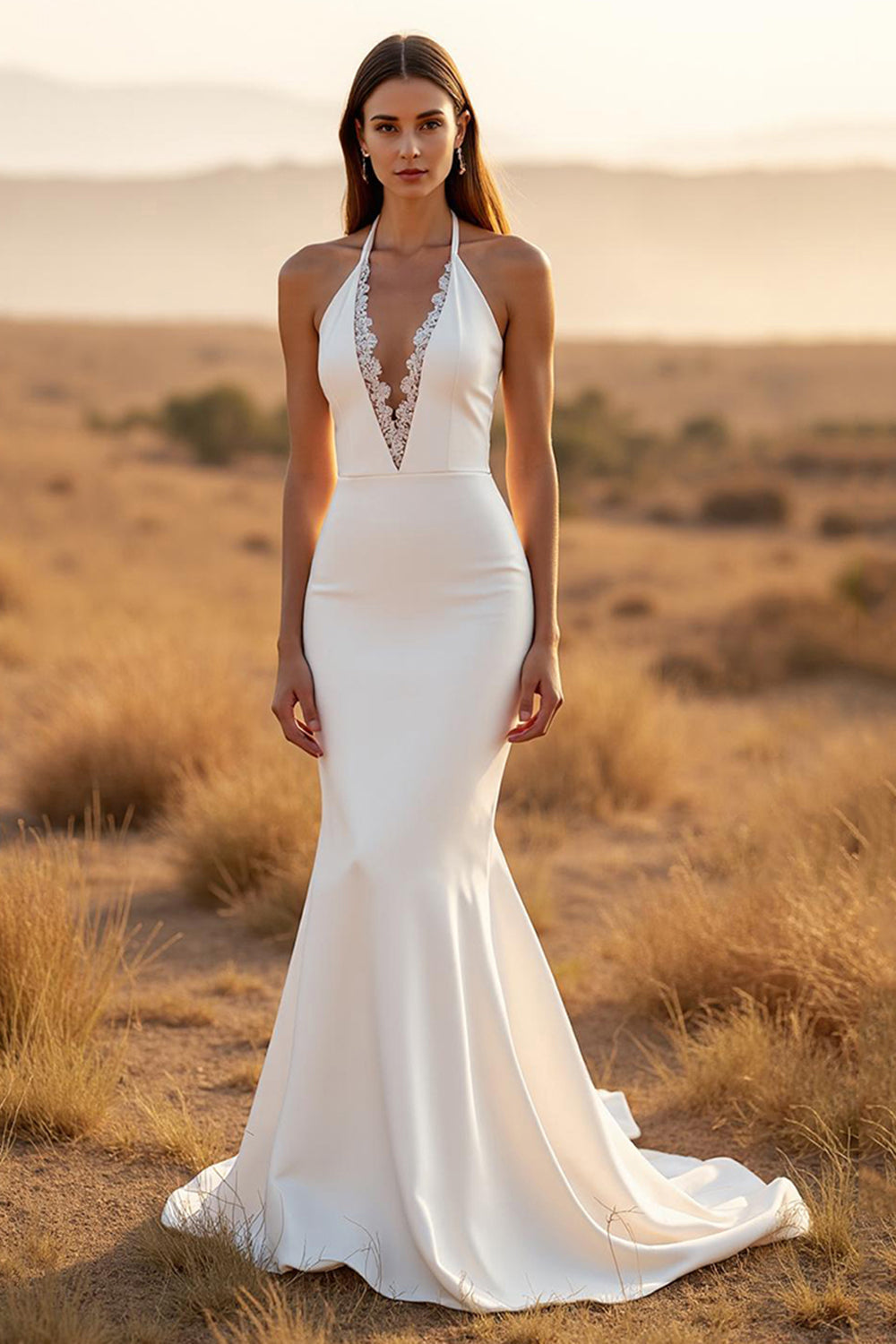 Ivory Halter Mermaid Sweep Train Wedding Dress with Lace