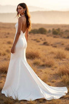 Ivory Halter Mermaid Sweep Train Wedding Dress with Lace