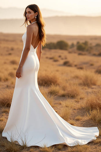 Ivory Halter Mermaid Sweep Train Wedding Dress with Lace