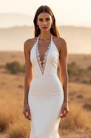 Load image into Gallery viewer, Ivory Halter Mermaid Sweep Train Wedding Dress with Lace