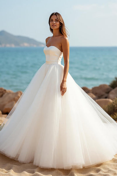 Simple Ivory A Line Sweetheart Tulle Sweep Train Wedding Dress