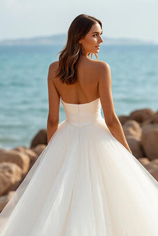 Simple Ivory A Line Sweetheart Tulle Sweep Train Wedding Dress