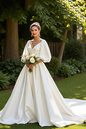 Simple Ivory Half Sleeves Satin V-Neck Sweep Train Wedding Dress