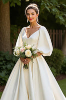 Load image into Gallery viewer, Simple Ivory Half Sleeves Satin V-Neck Sweep Train Wedding Dress