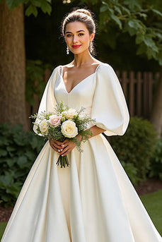 Simple Ivory Half Sleeves Satin V-Neck Sweep Train Wedding Dress
