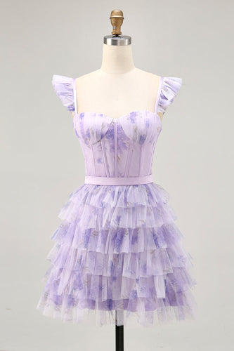 Lilac Corset Tiered Floral Short Prom Dress with Ruffles