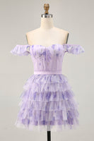Load image into Gallery viewer, Lilac Corset Tiered Floral Short Prom Dress with Ruffles
