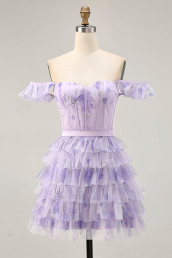 Lilac Corset Tiered Floral Short Prom Dress with Ruffles
