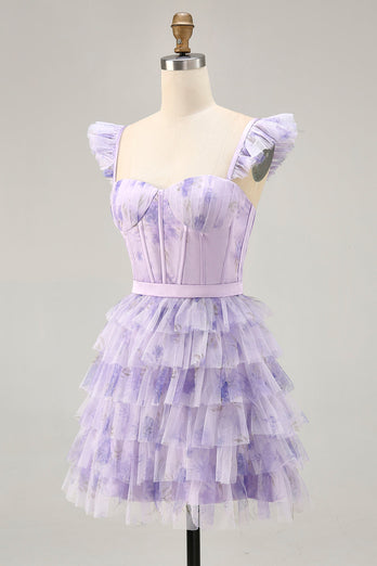Lilac Corset Tiered Floral Short Prom Dress with Ruffles